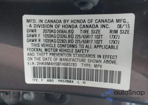 2015 Honda Cr-V Ex from USA, damaged, VIN 2HKRM4H58FH685783
